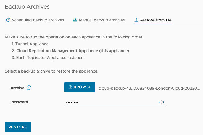 Restore a backup of a VMware Cloud Director Availability appliance