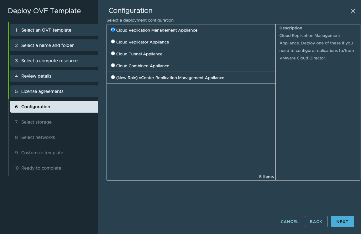 Choose the VMware Cloud Director Availability deployment configuration